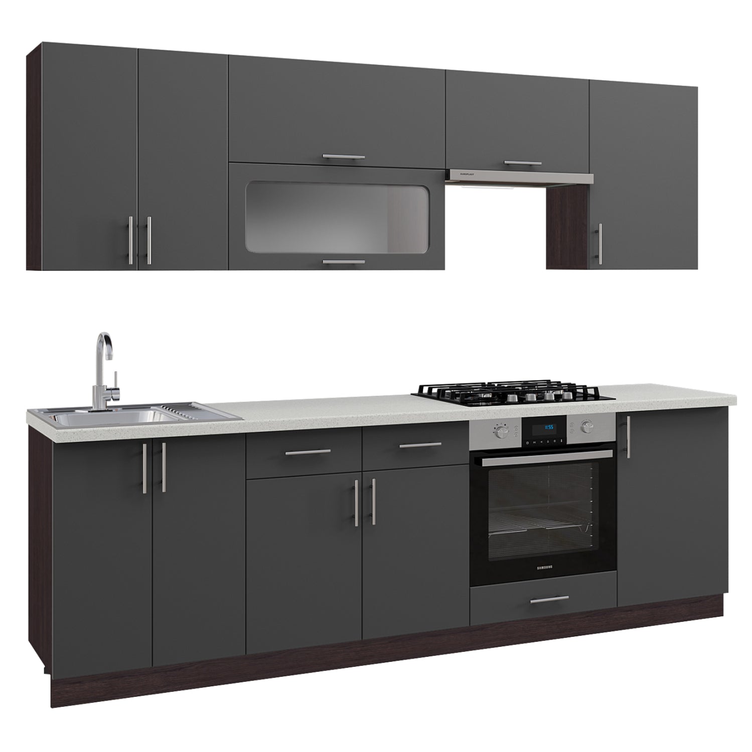 Кухненски комплект MDF тъмно сиво с HPL плот бежов мрамор 250x47x84,8см
