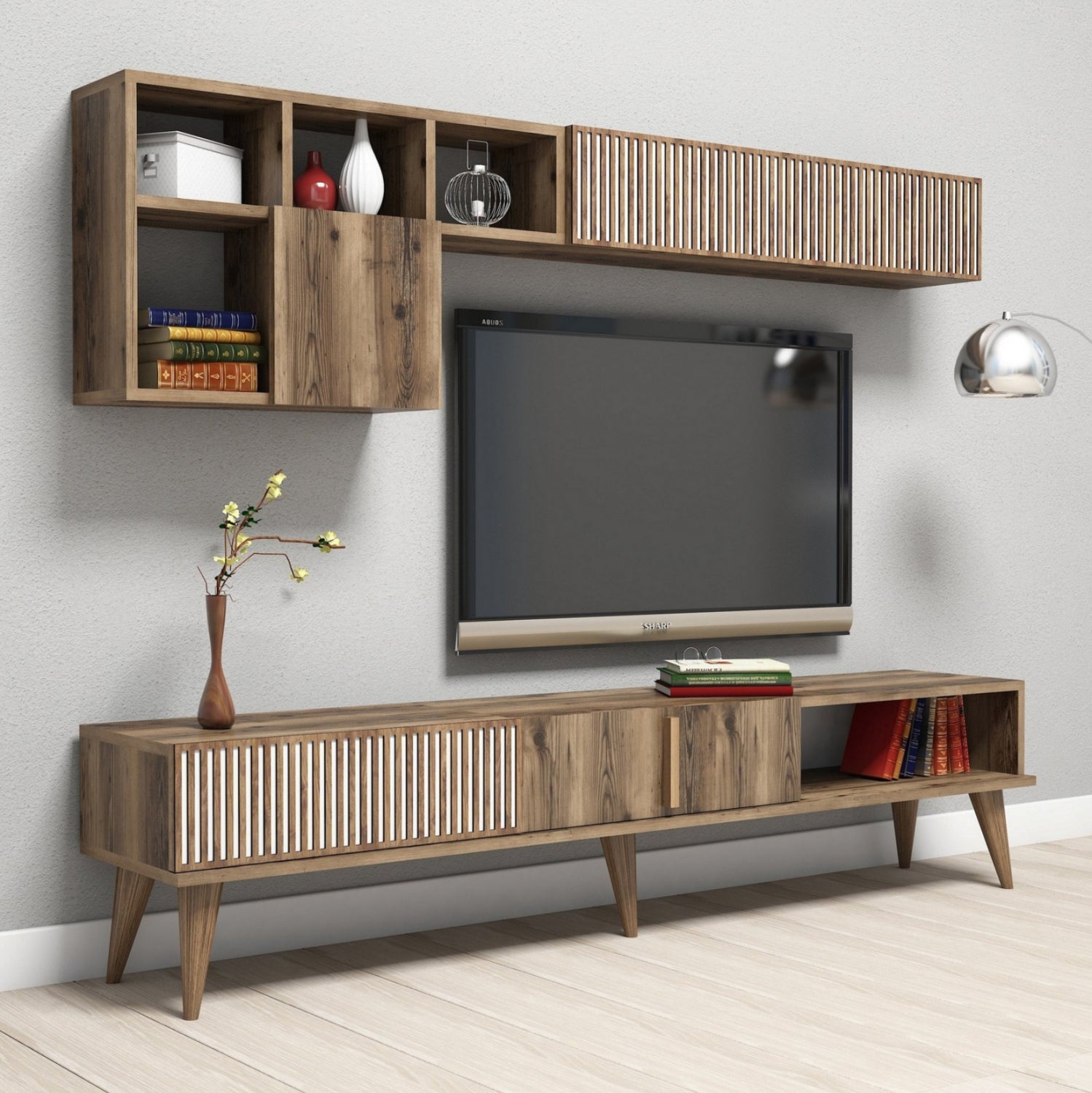ТВ МЕБЕЛЕН КОМПЛЕКТ МЕЛАМИН ОРЕХ-БЯЛ 180x35x40Hсм.