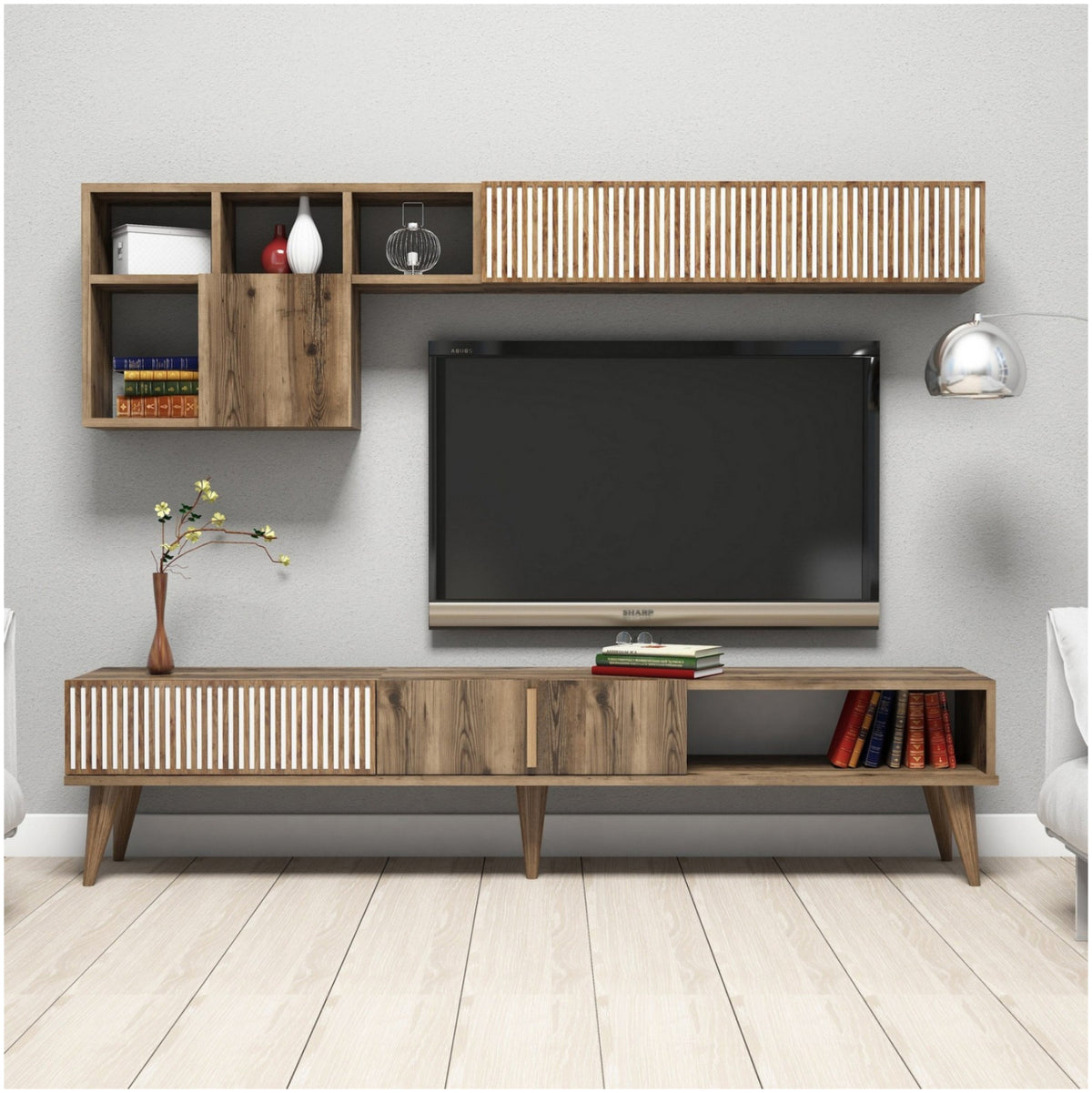 ТВ МЕБЕЛЕН КОМПЛЕКТ МЕЛАМИН ОРЕХ-БЯЛ 180x35x40Hсм.