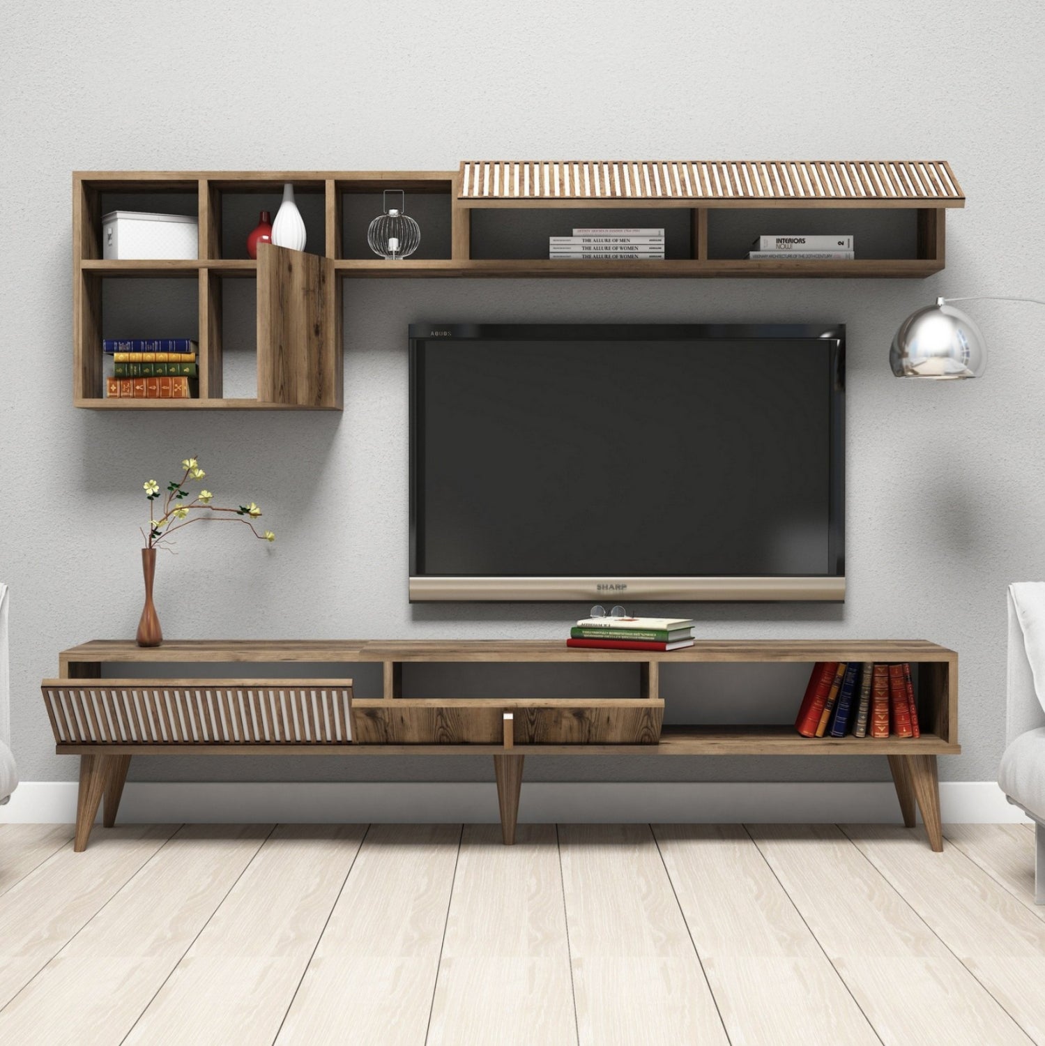 ТВ МЕБЕЛЕН КОМПЛЕКТ МЕЛАМИН ОРЕХ-БЯЛ 180x35x40Hсм.