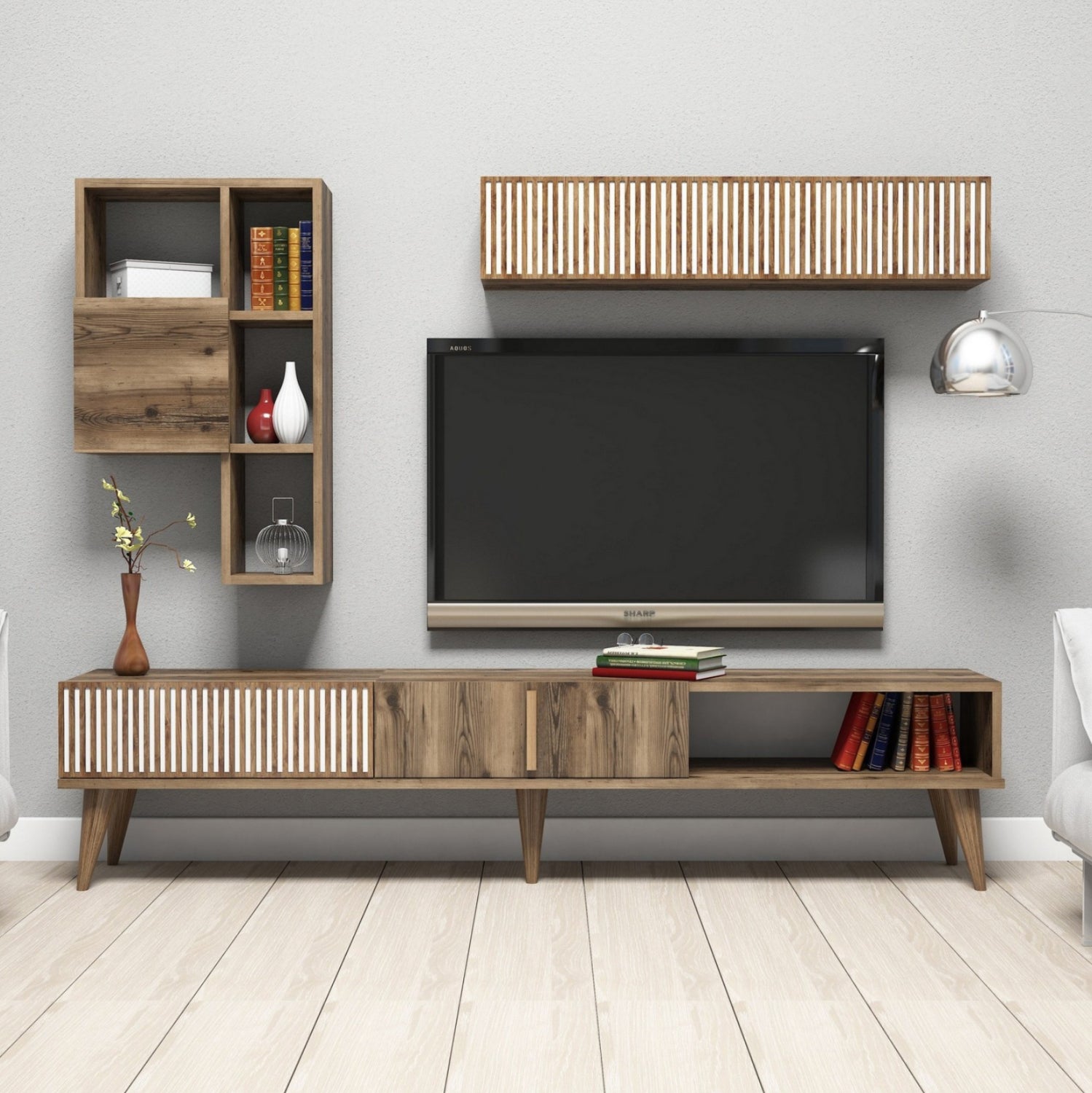 ТВ МЕБЕЛЕН КОМПЛЕКТ МЕЛАМИН ОРЕХ-БЯЛ 180x35x40Hсм.