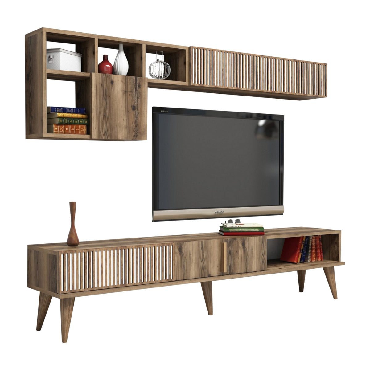 ТВ МЕБЕЛЕН КОМПЛЕКТ МЕЛАМИН ОРЕХ-БЯЛ 180x35x40Hсм.