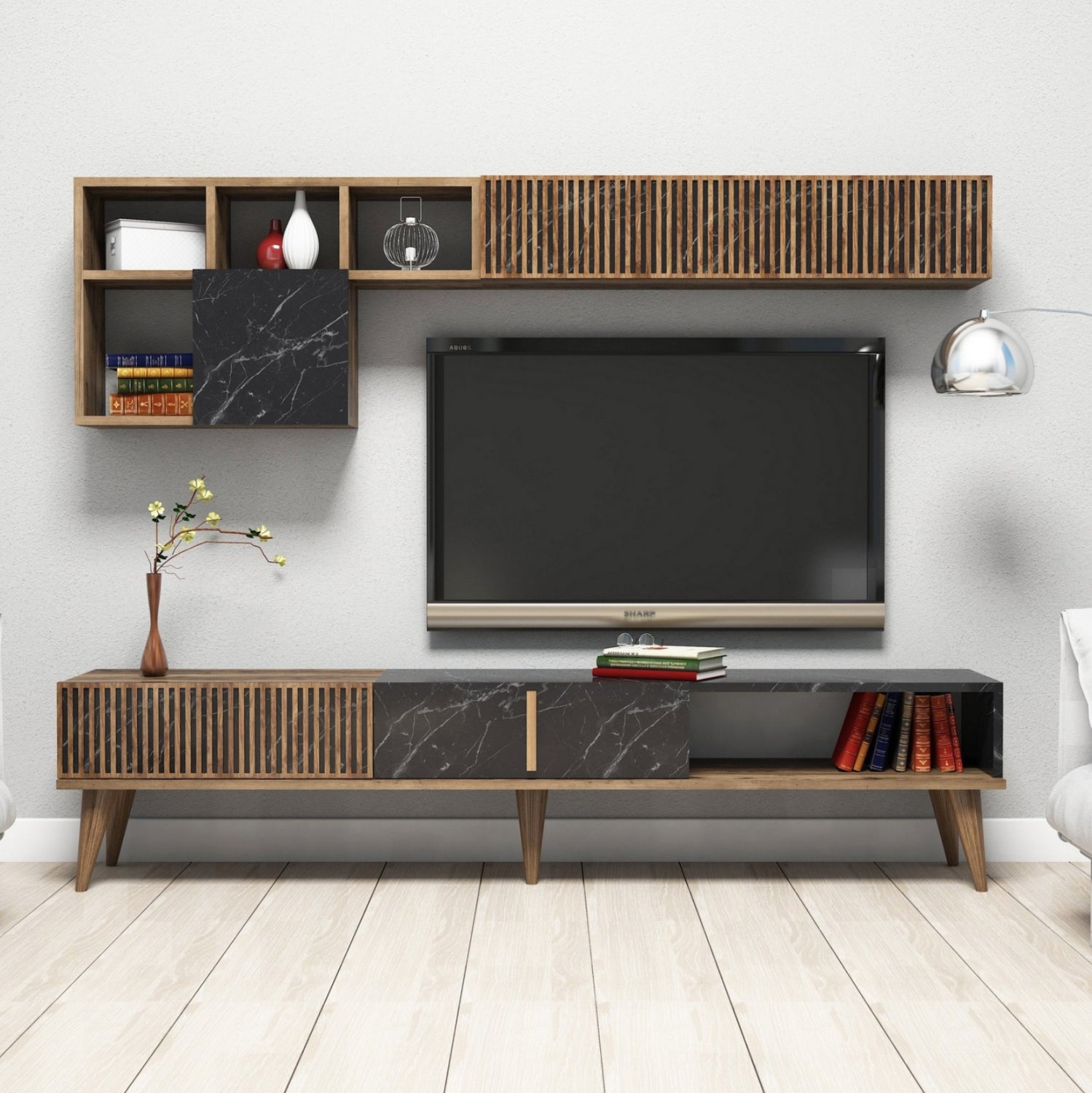 Сет мебели за ТВ меламин в орех и черен мрамор 180x35x40Hсм.