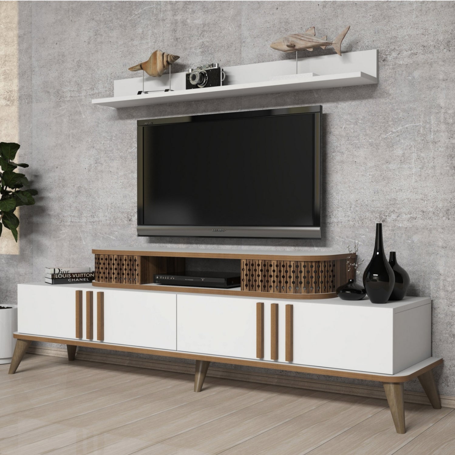 Комбинирани мебели за ТВ меламин в бяло и орех 168x39x51.6Hсм.