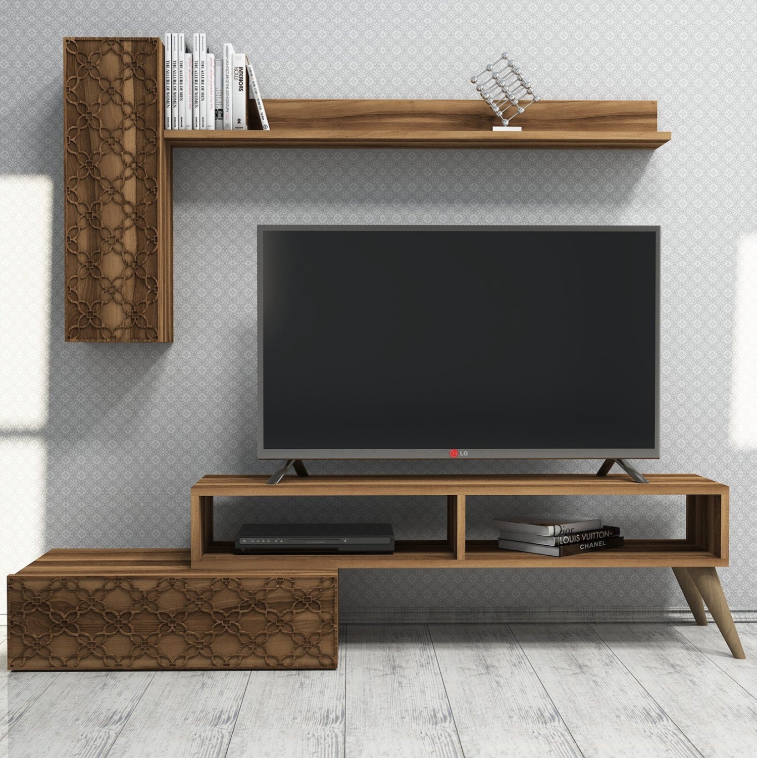 ТВ МЕБЕЛЕН КОМПЛЕКТ МЕЛАМИН В ЦВЯТ ОРЕХ 150x37.2x37.8Hсм.