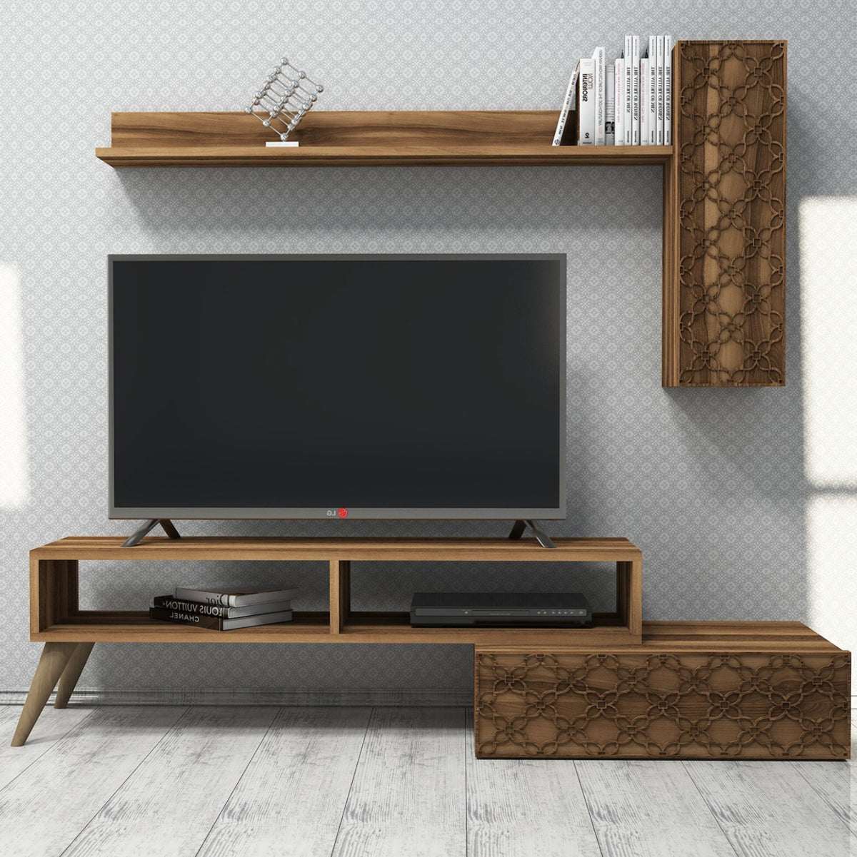 ТВ МЕБЕЛЕН КОМПЛЕКТ МЕЛАМИН В ЦВЯТ ОРЕХ 150x37.2x37.8Hсм.