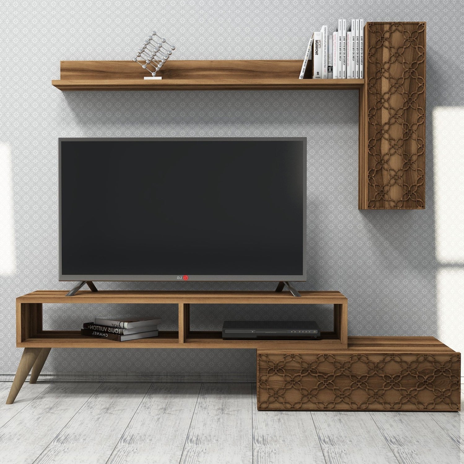 ТВ МЕБЕЛЕН КОМПЛЕКТ МЕЛАМИН В ЦВЯТ ОРЕХ 150x37.2x37.8Hсм.