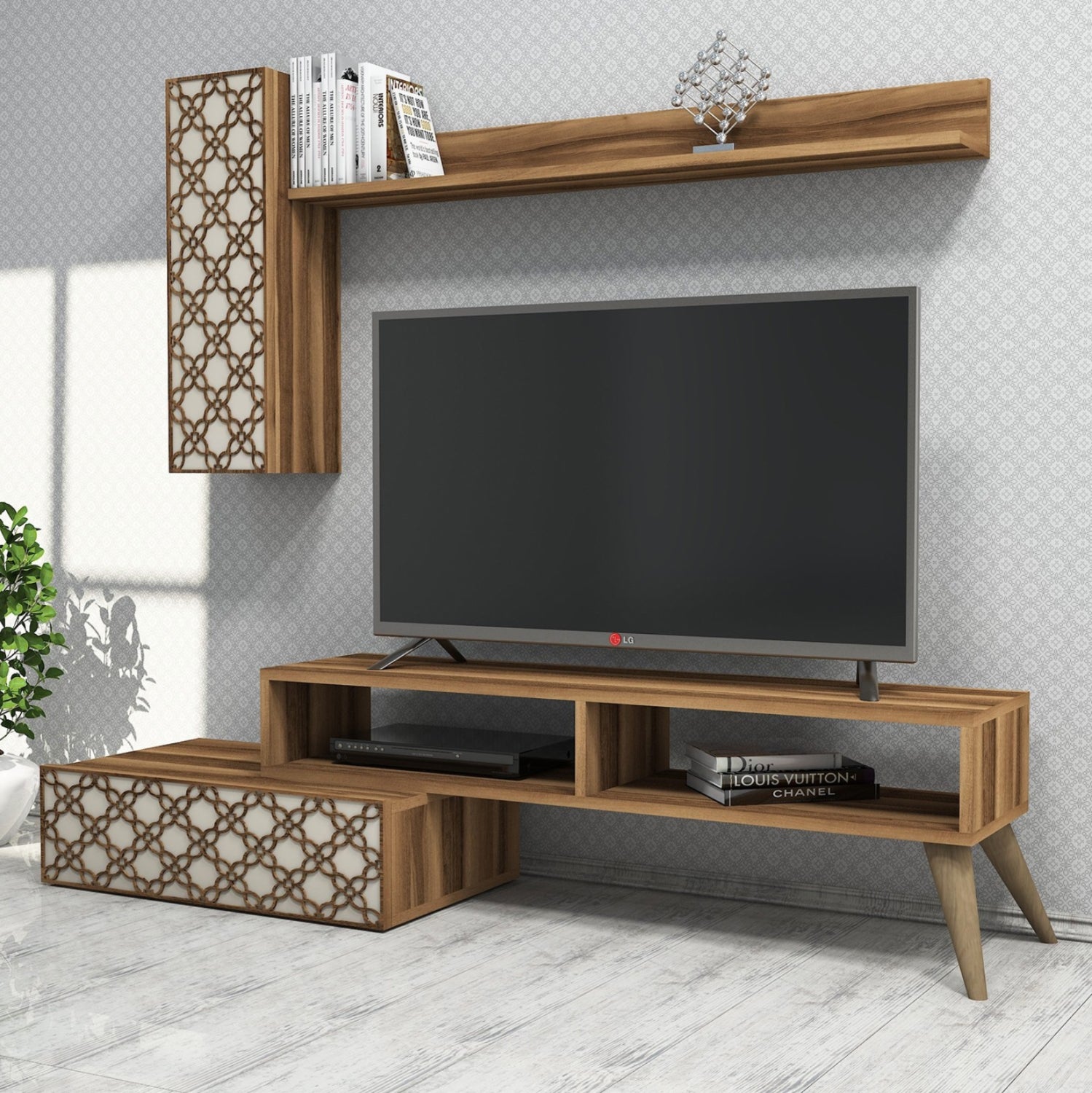 Сет мебели за ТВ меламин в орех и кремаво 150x37.2x37.8Hсм.