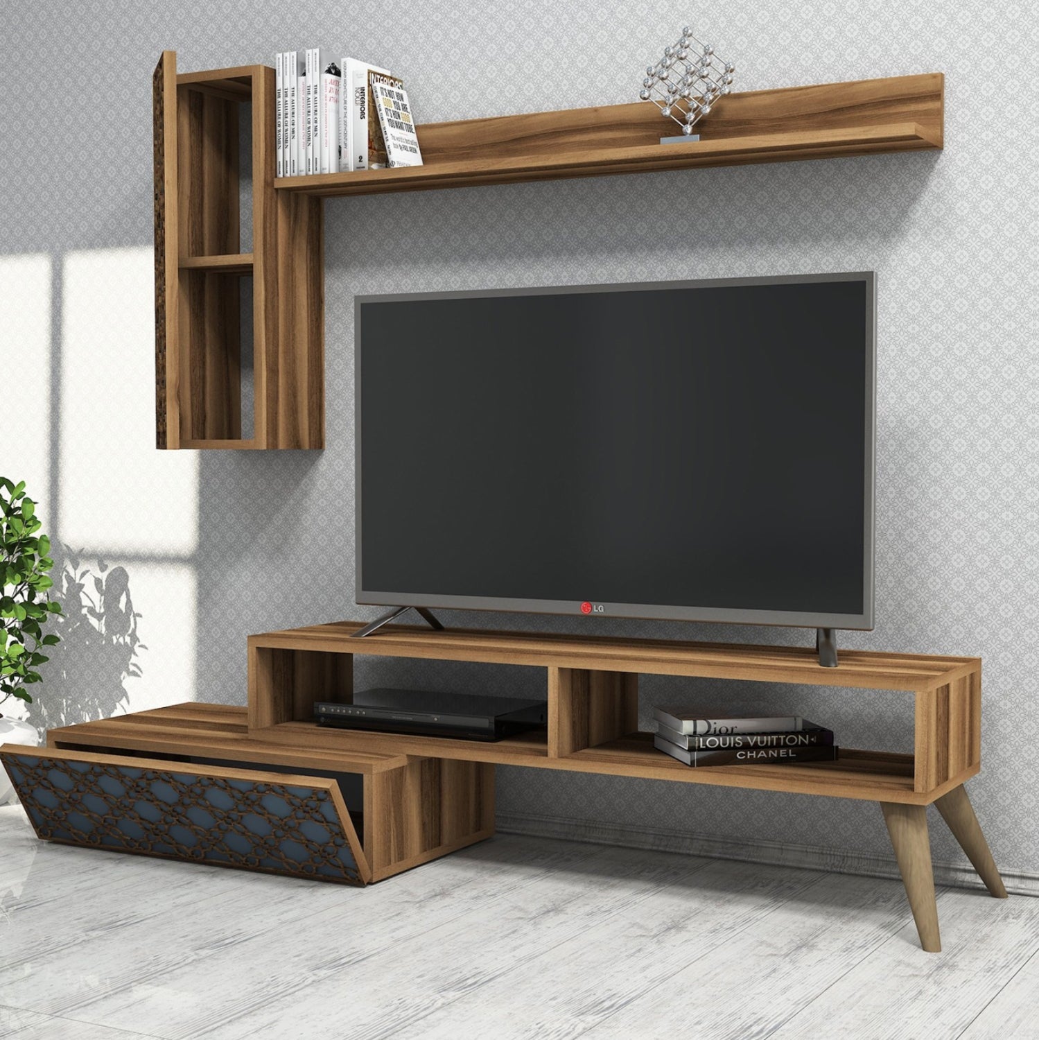 ТВ МЕБЕЛЕН СЕТ МЕЛАМИН ОРЕХ И НЕБЕСНО СИНЬО 150x37.2x37.8см.