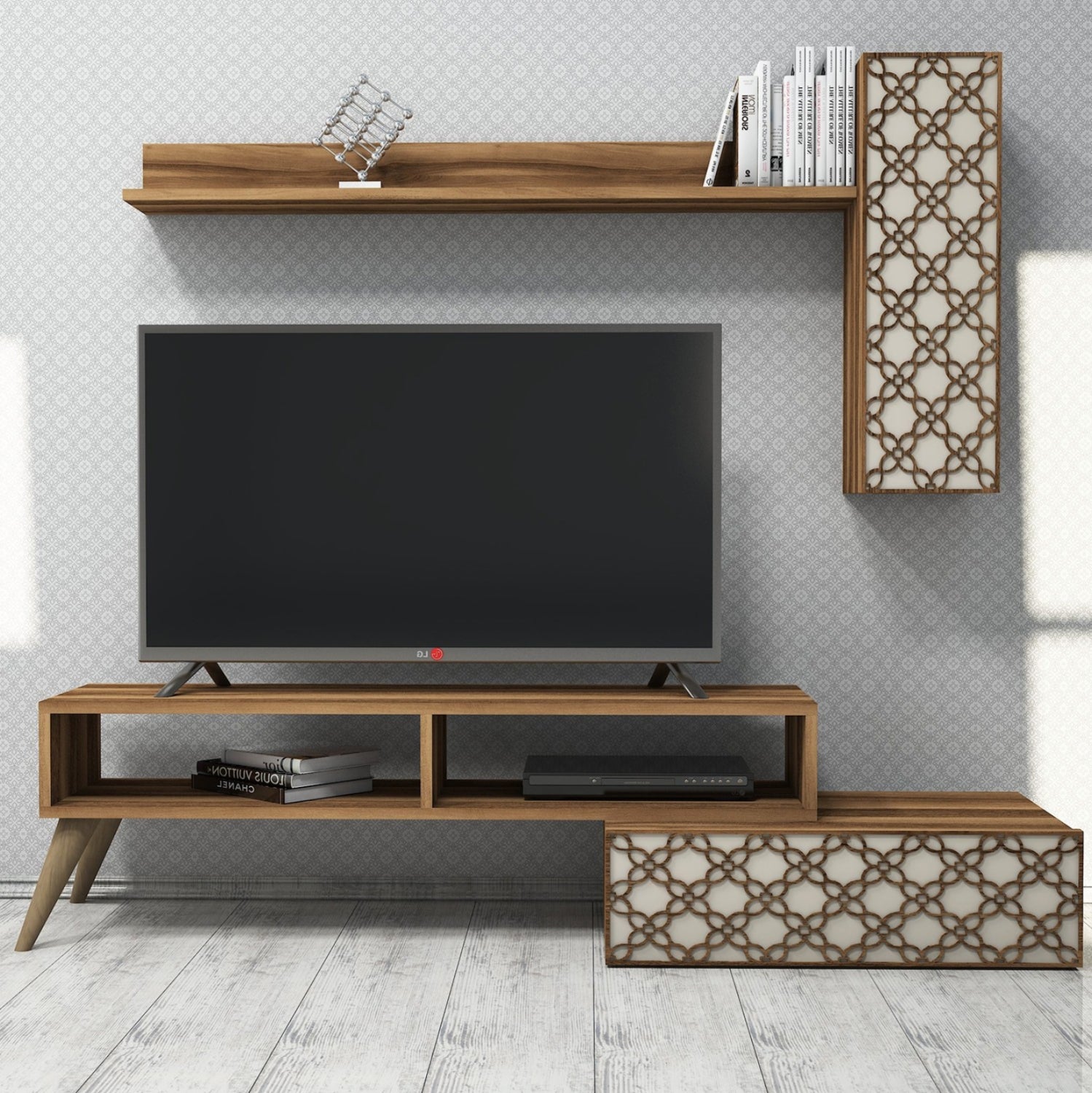 Сет мебели за ТВ меламин в орех и кремаво 150x37.2x37.8Hсм.