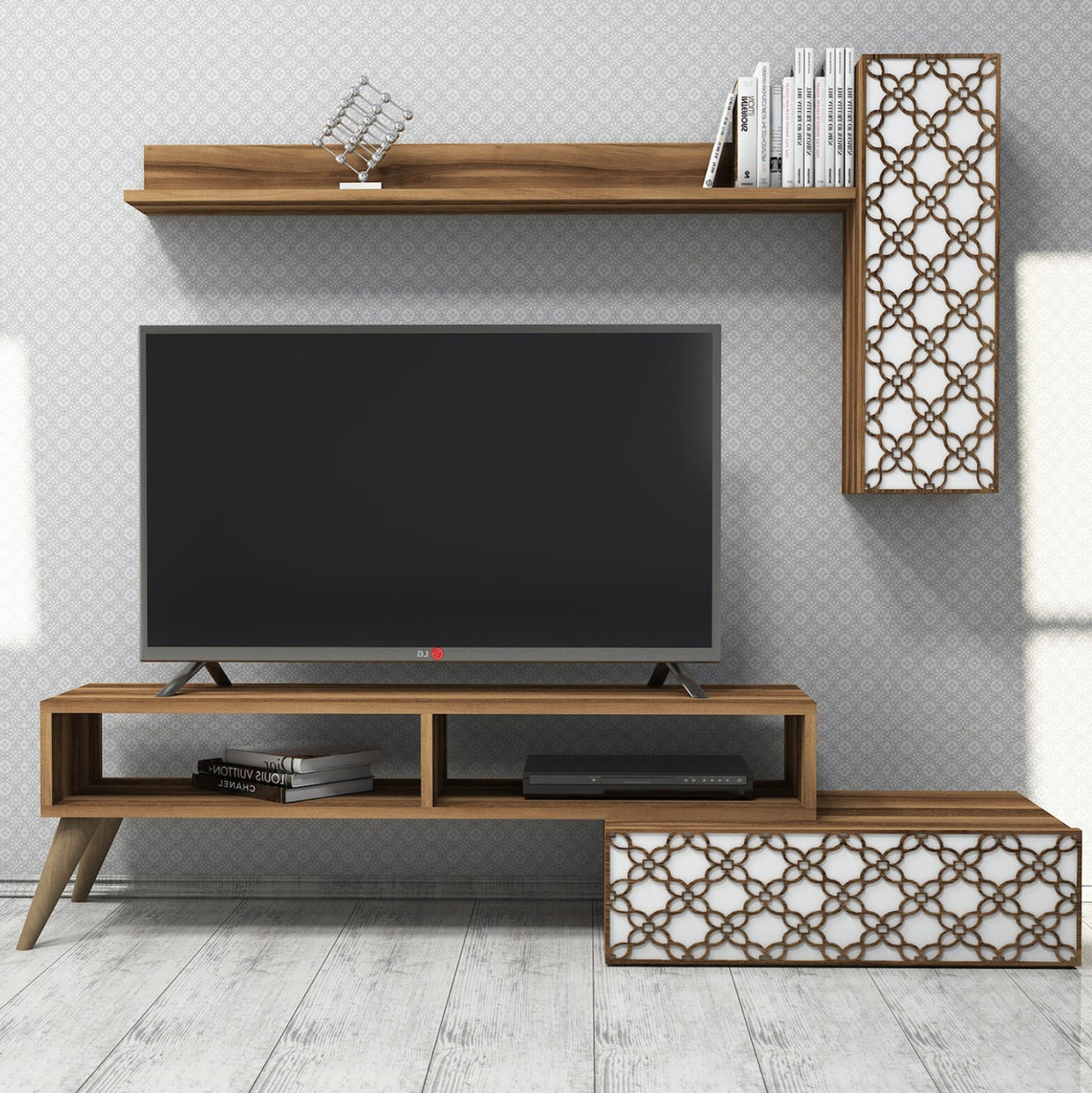 Сет мебели за ТВ меламин в орех и бяло 150x37.2x37.8Hсм.