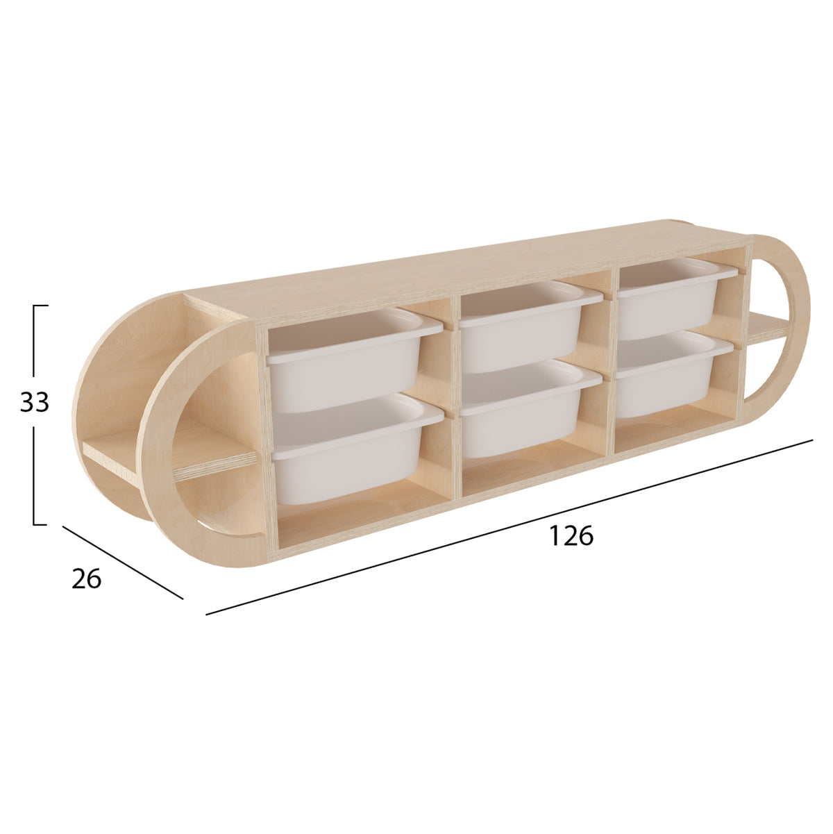 Стенно скринче KIKS брезова дървесина с 6 бели P.E. чекмеджета 126x26x33Hсм.