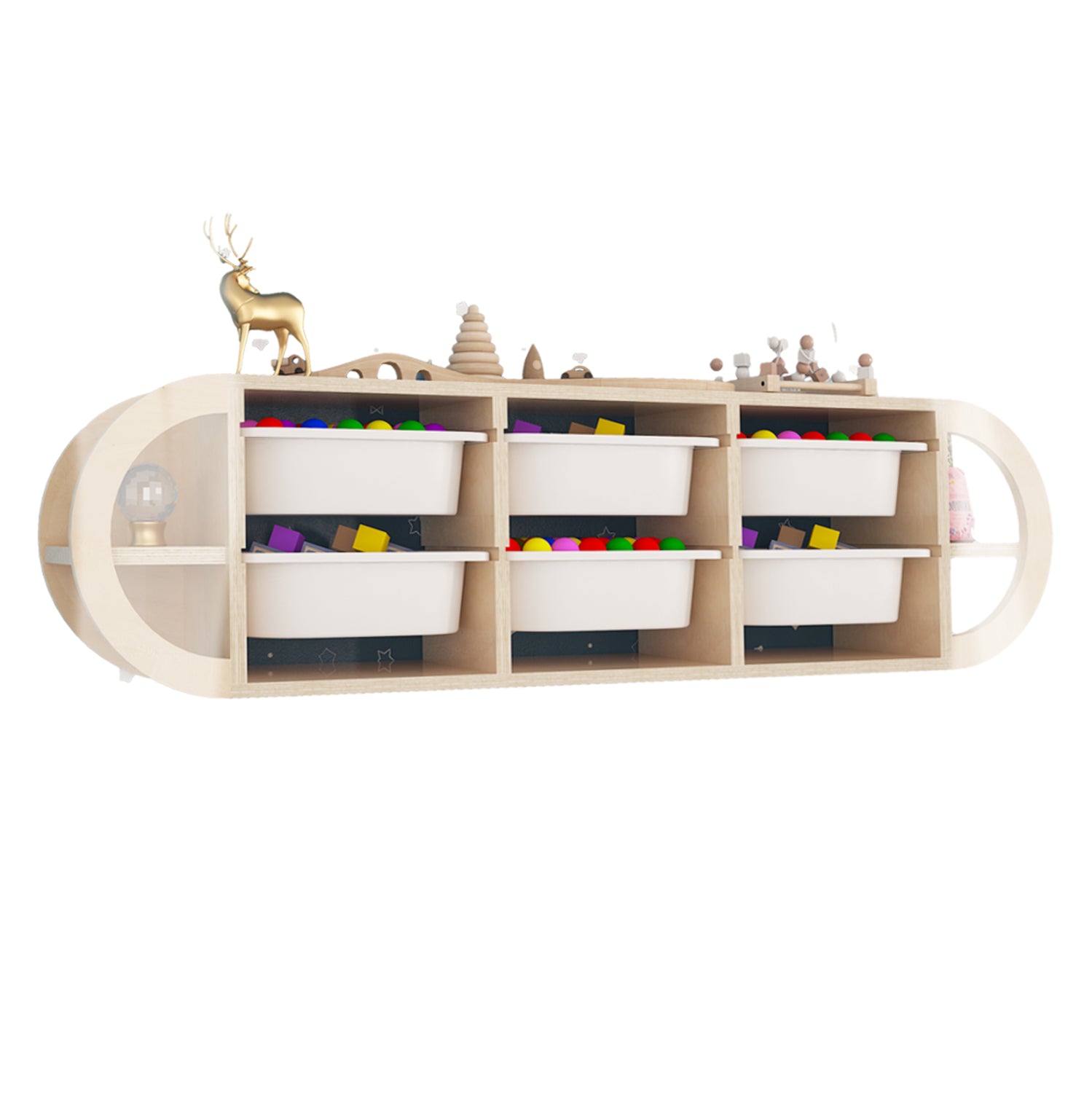 Стенно скринче KIKS брезова дървесина с 6 бели P.E. чекмеджета 126x26x33Hсм.