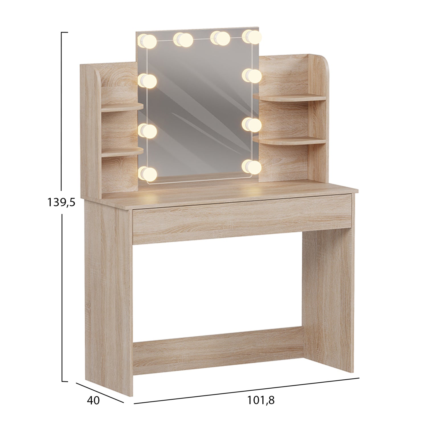 Тоалетка с LED осветление, рафтове и чекмеджета LAURYN сонома 108x40x140Hсм.