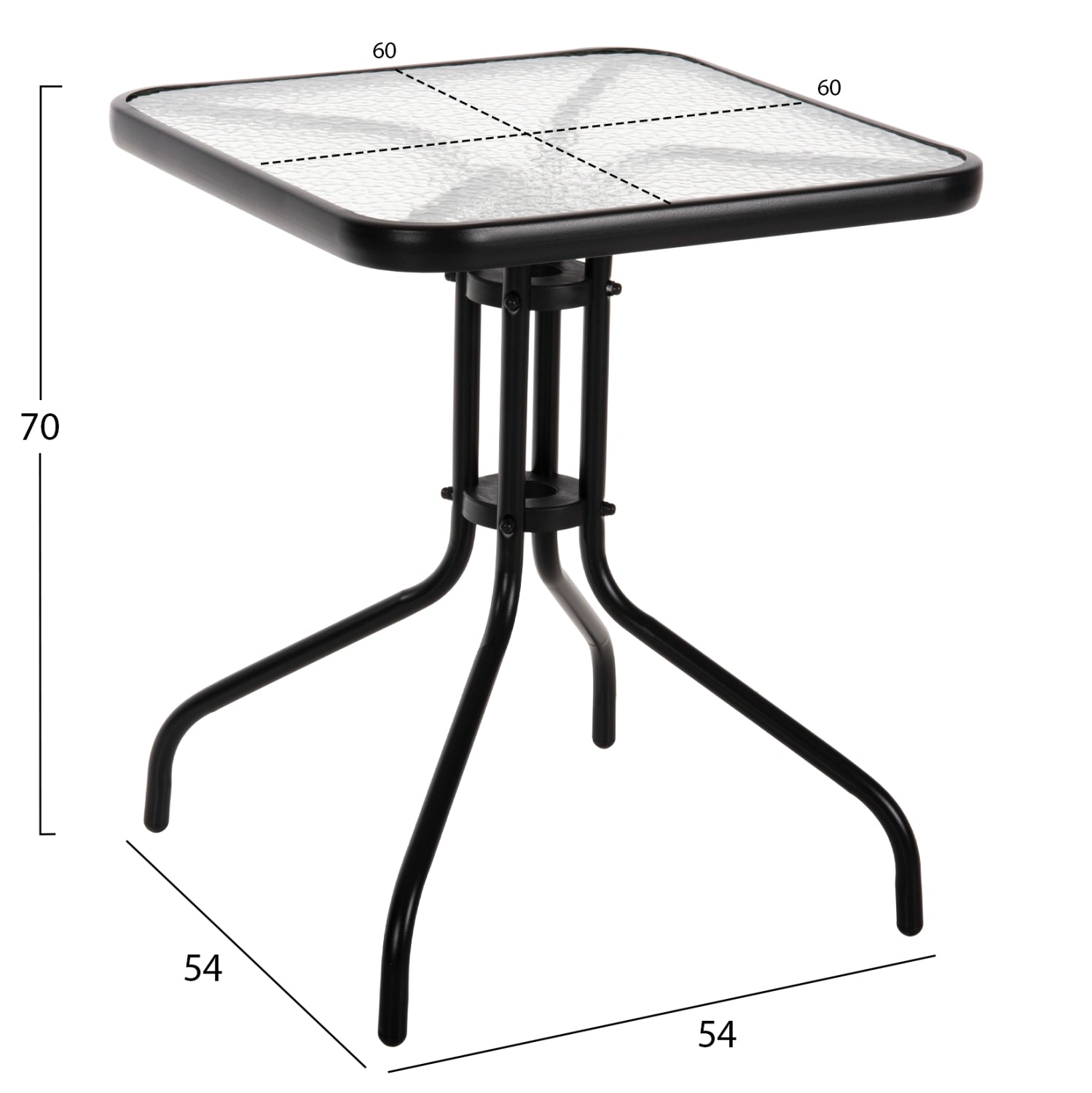 ГРАДИНСКА КВАДРАТНА МАСА FIGO ЧЕРЕН МЕТАЛ-СТЪКЛЕН ПЛОТ 60x60x70Hсм