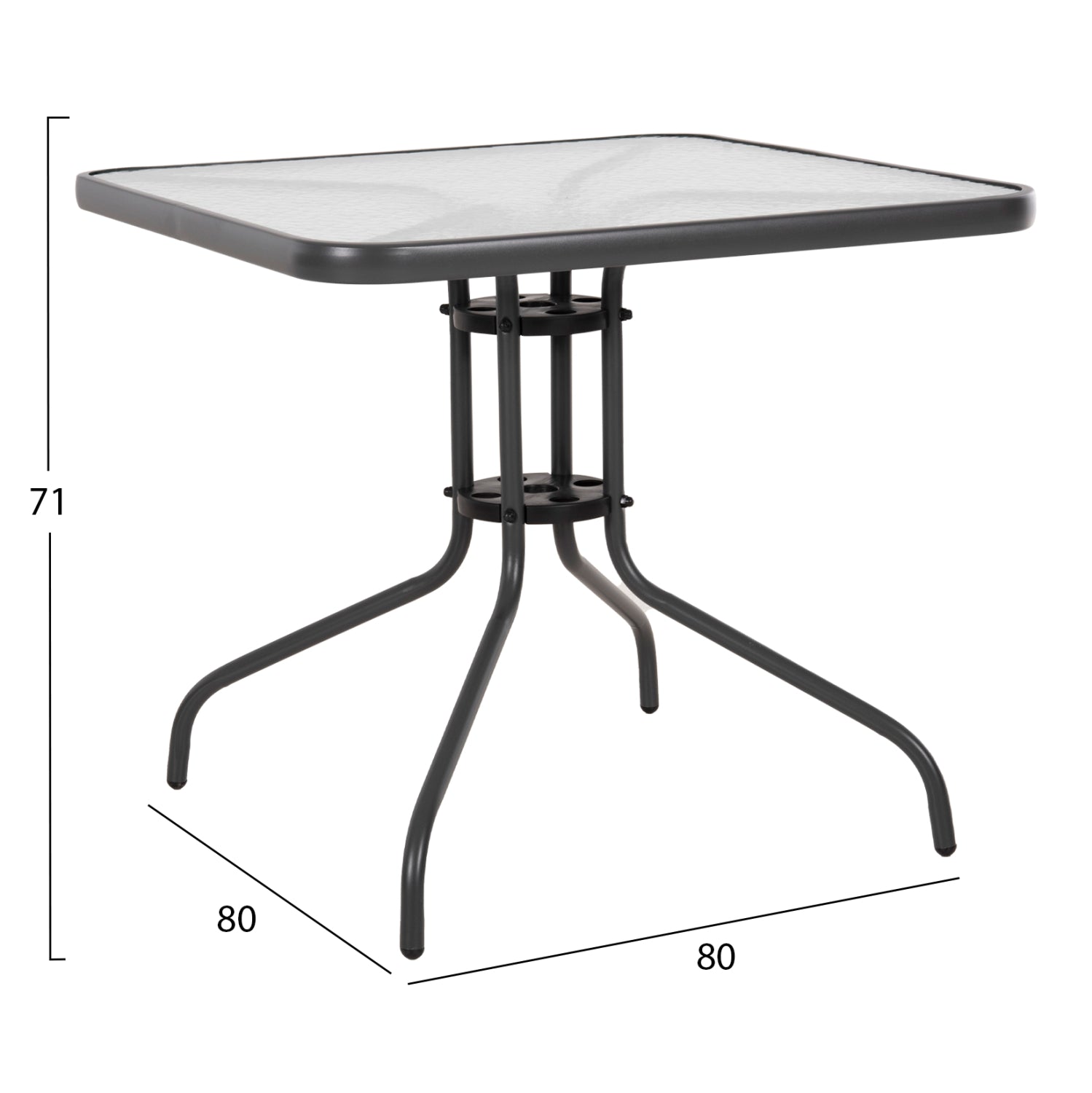 Външна квадратна маса FIGO сив метал - плот от стъкло 80x80x71Hсм.