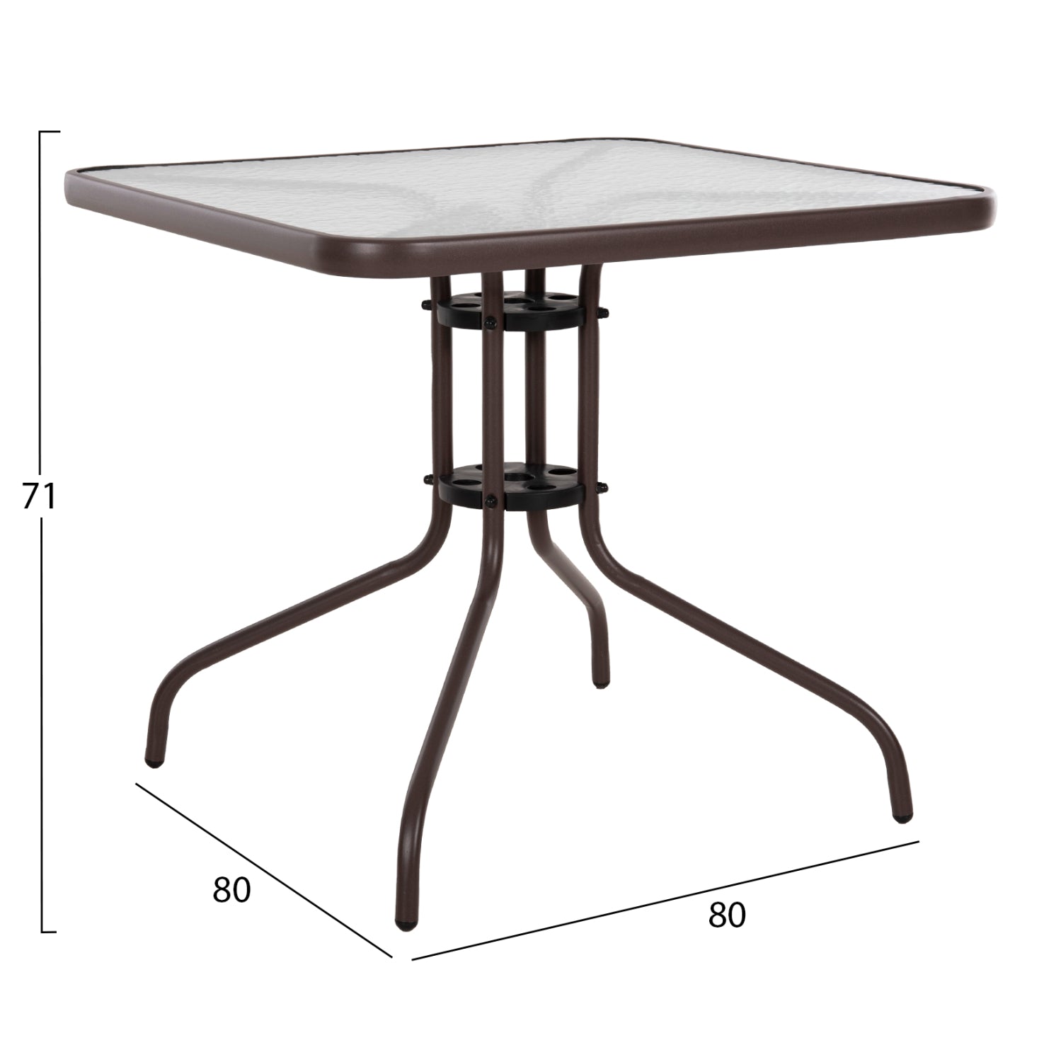Външна квадратна маса FIGO кафяв метал - плот от стъкло 80x80x71Hсм.