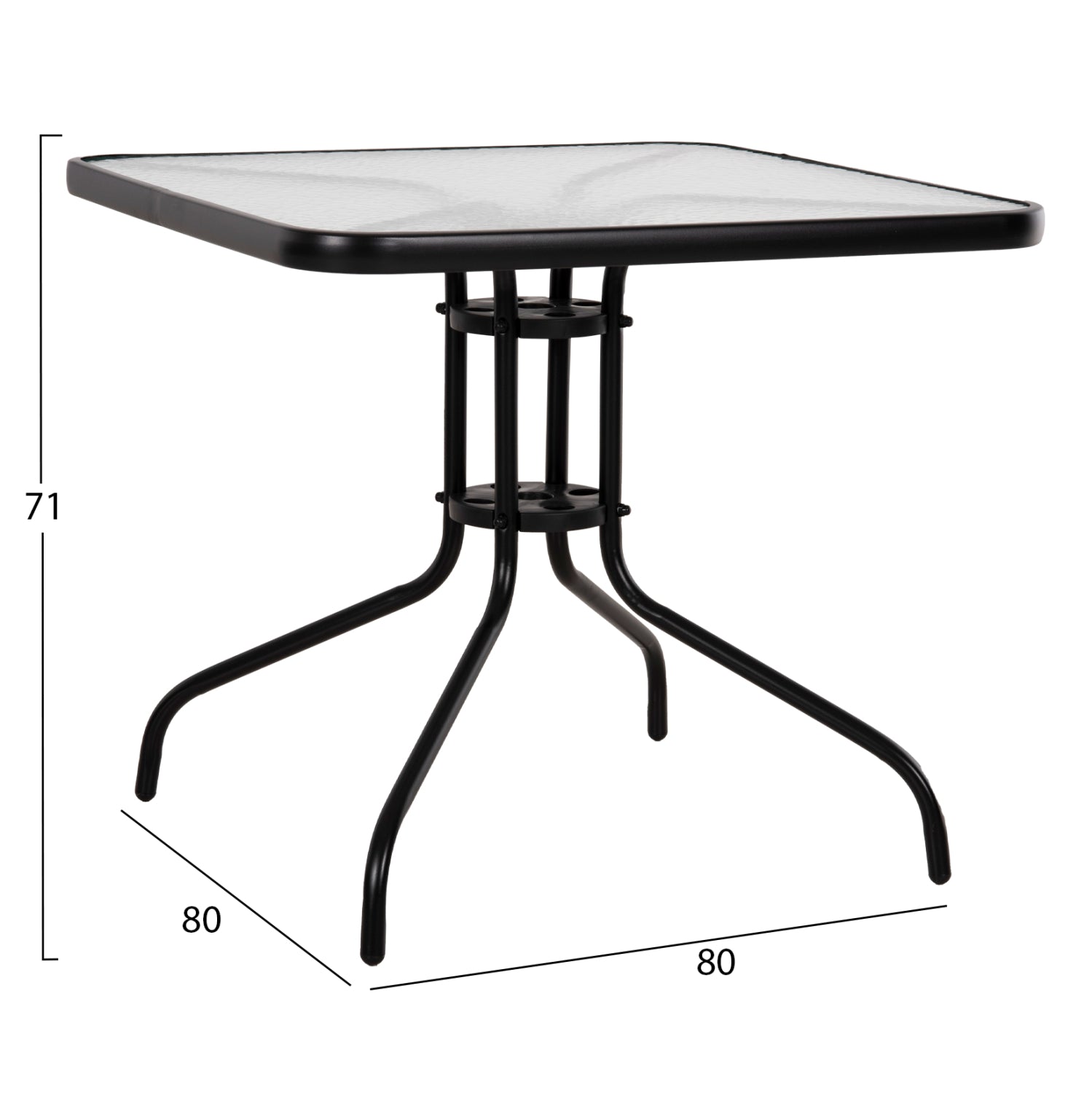 Външна квадратна маса FIGO черен метал - плот от стъкло 80x80x71Hсм.