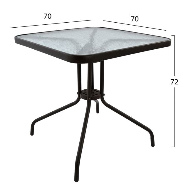 Външна квадратна маса FIGO кафяв метал - плот от стъкло 70x70x72см