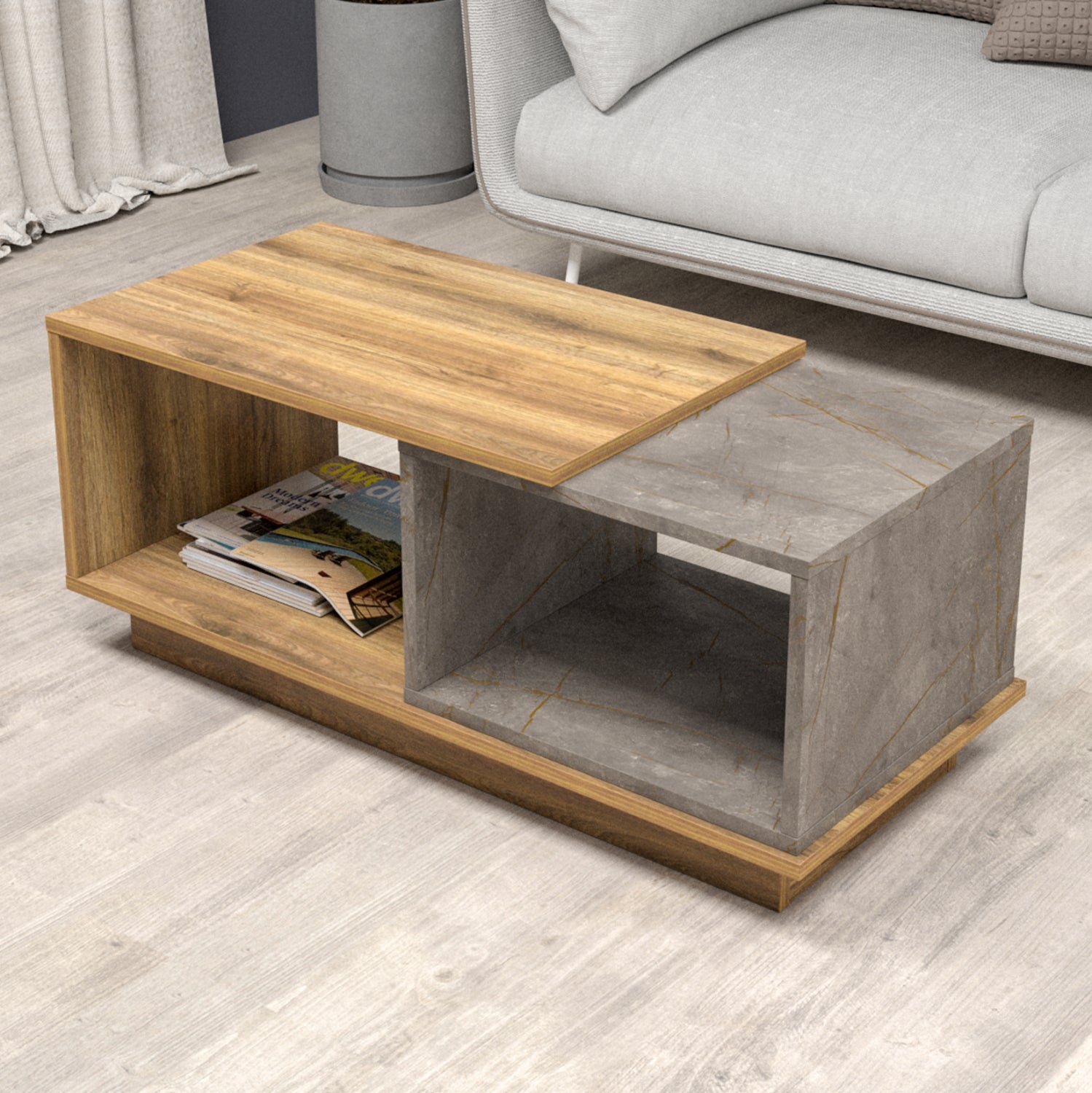 Кафе маса TELES меламин в цвят естествено дърво и сив мрамор 100x45x42Hсм.