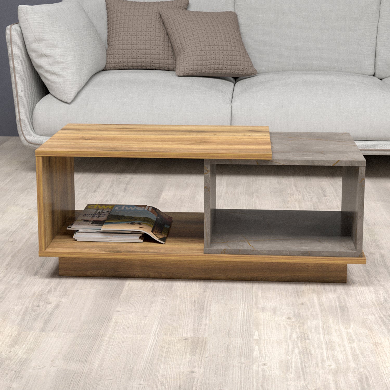 Кафе маса TELES меламин в цвят естествено дърво и сив мрамор 100x45x42Hсм.
