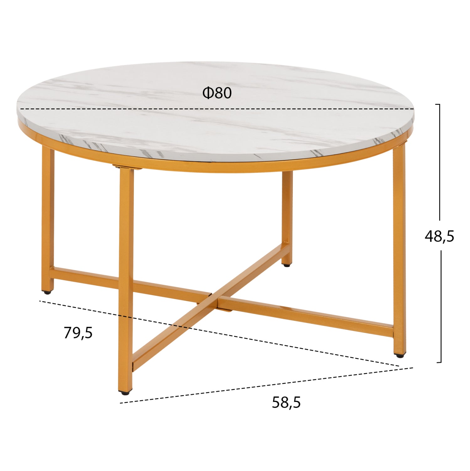 Кафе маса меламин бял мрамор с златисти метални крака Φ80x48,5Hсм.