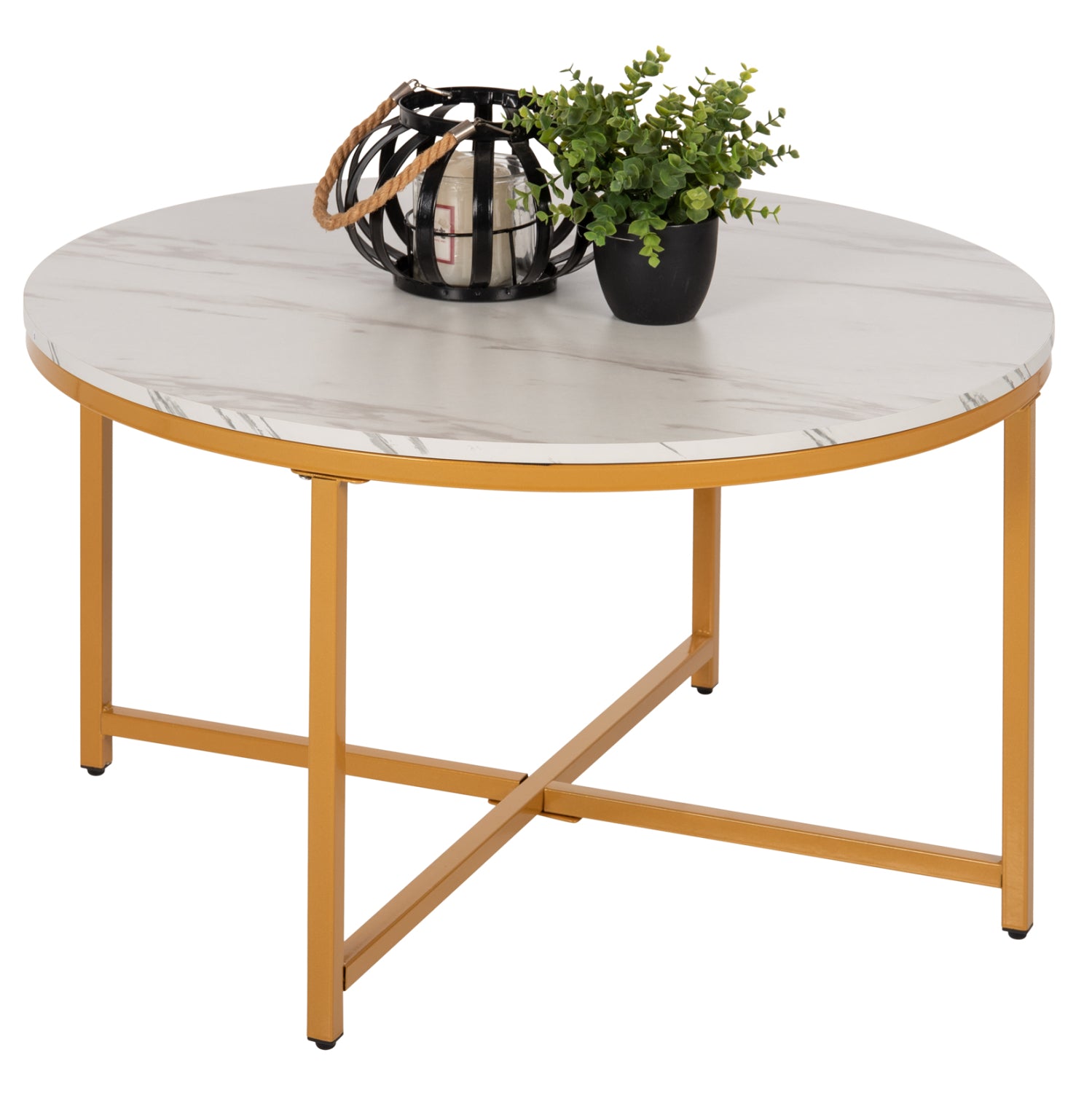Кафе маса меламин бял мрамор с златисти метални крака Φ80x48,5Hсм.