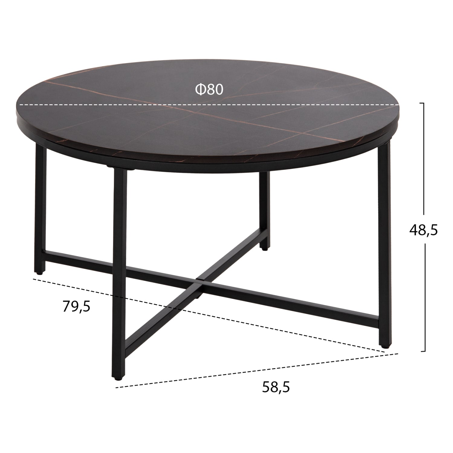Кафе маса меламин черен мрамор с черни метални крака Φ80x48,5Hсм.