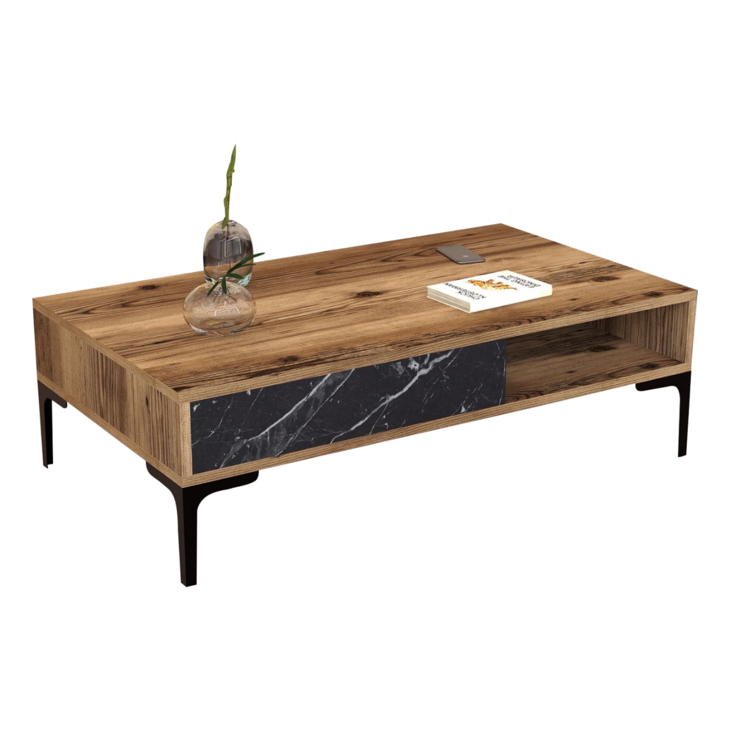 Кафе маса меламин орех - черен мраморен ефект и метални крака 105x60x32.6Hсм.