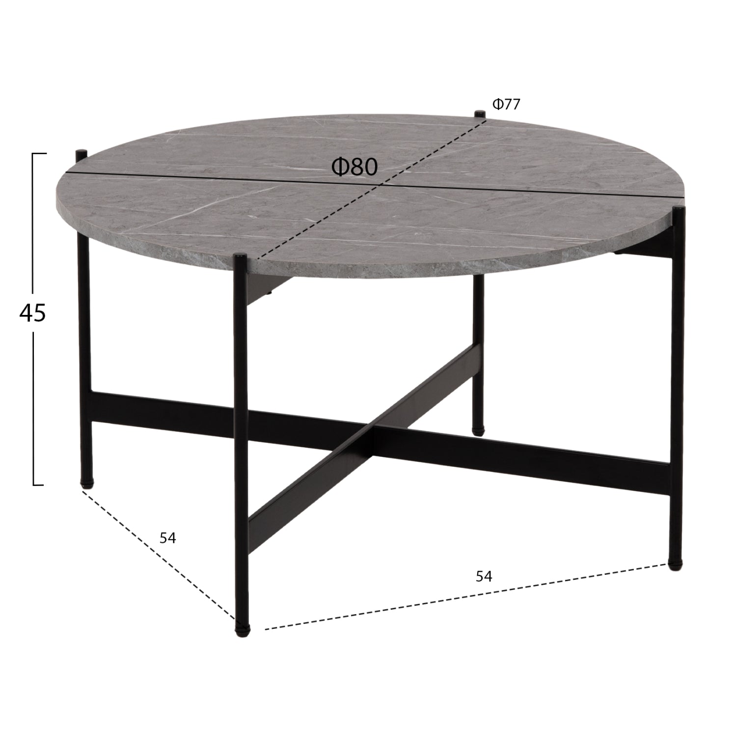 Кафе маса MDF плот сив мрамор - черна метална основа Φ80x45Hсм.