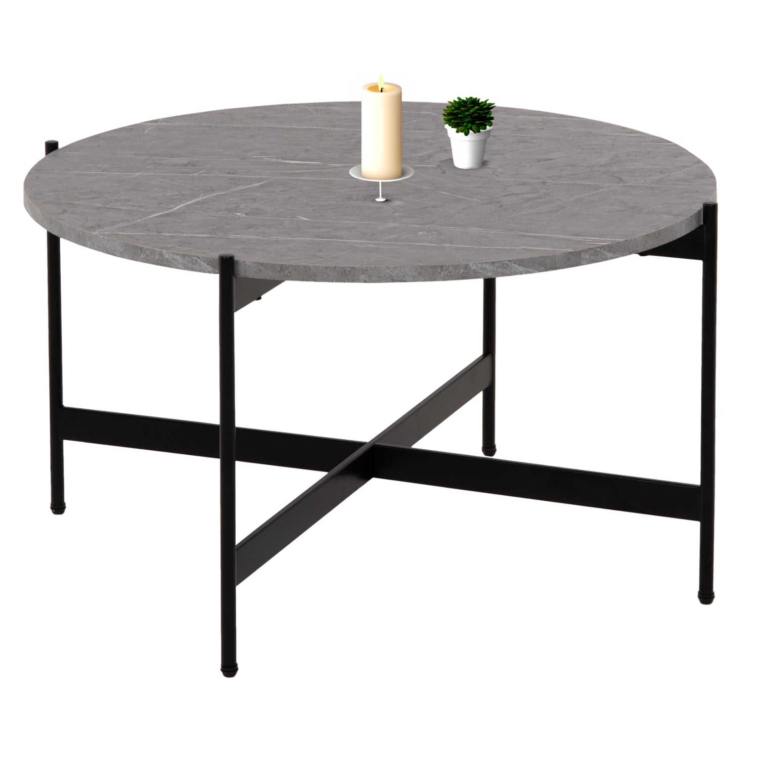 Кафе маса MDF плот сив мрамор - черна метална основа Φ80x45Hсм.