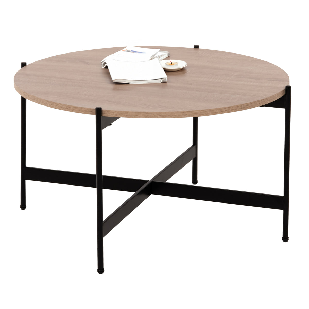 Кафе маса MDF плот SONOMA - черна метална основа Φ80x45Hсм.