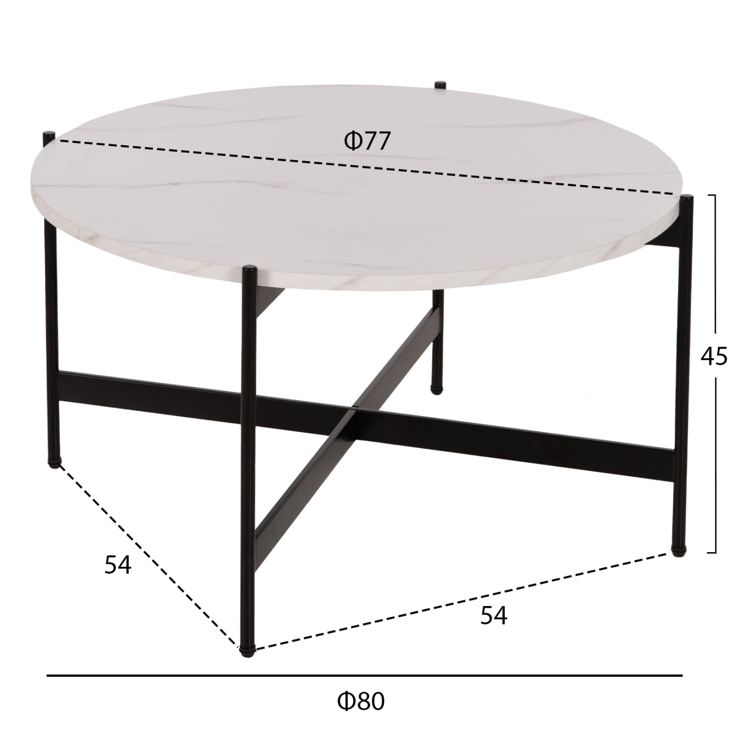 Кафе маса MDF бял мраморен плот - черна метална основа Φ80x45Hсм.