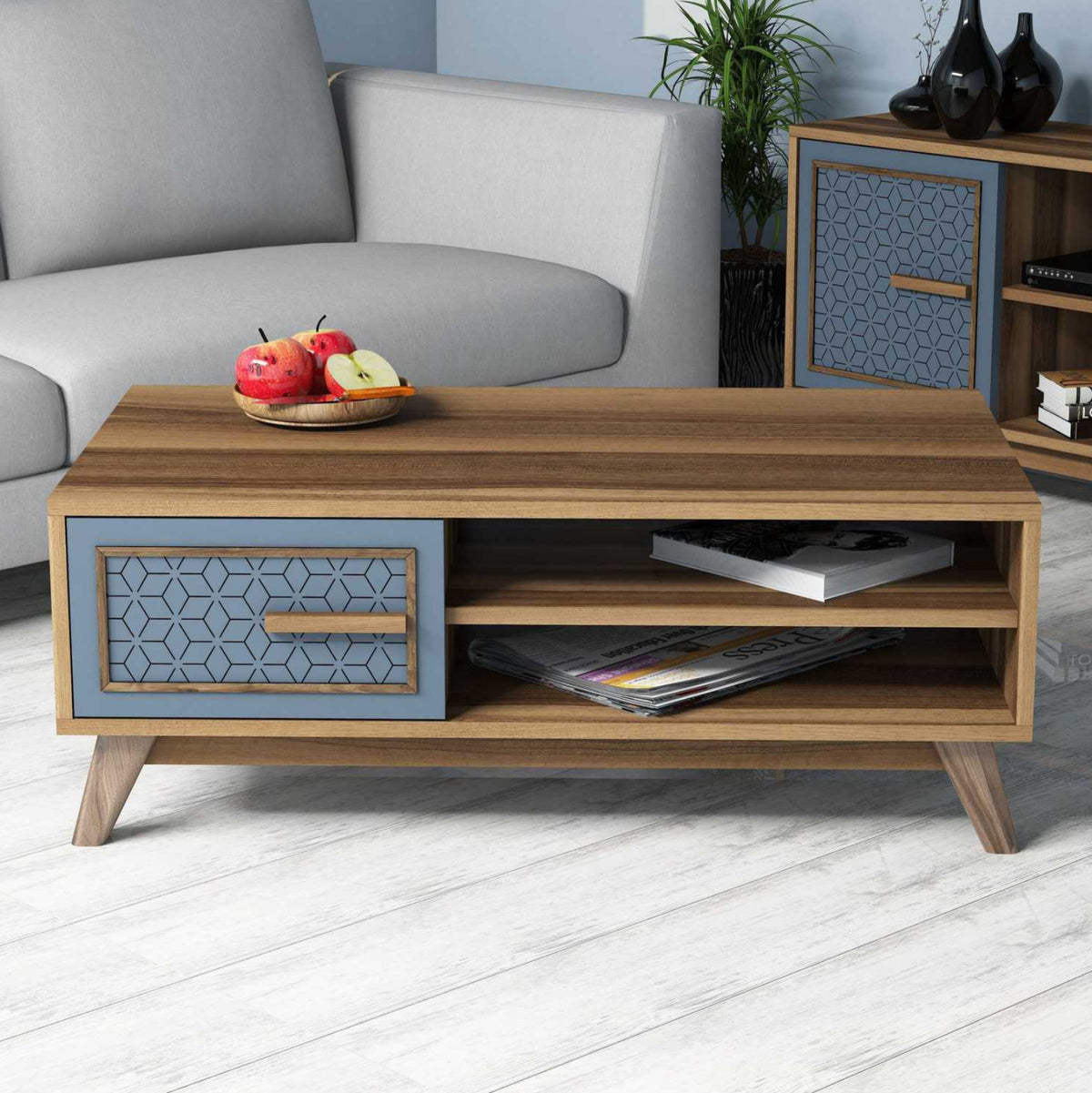 ХОЛНА МАСА МЕЛАМИН В ЦВЯТ ОРЕХ СЪС СИНЯ ВРАТА НА ШКАФ 105x60x38,2Hсм.