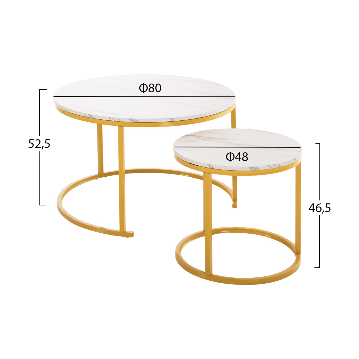 КОМПЛЕКТ ХОЛНИ МАСИ 2 ЧАСТИ MDF БЯЛ МРАМОР СЪС ЗЛАТНИ МЕТАЛНИ КРАКА Φ80x48см.