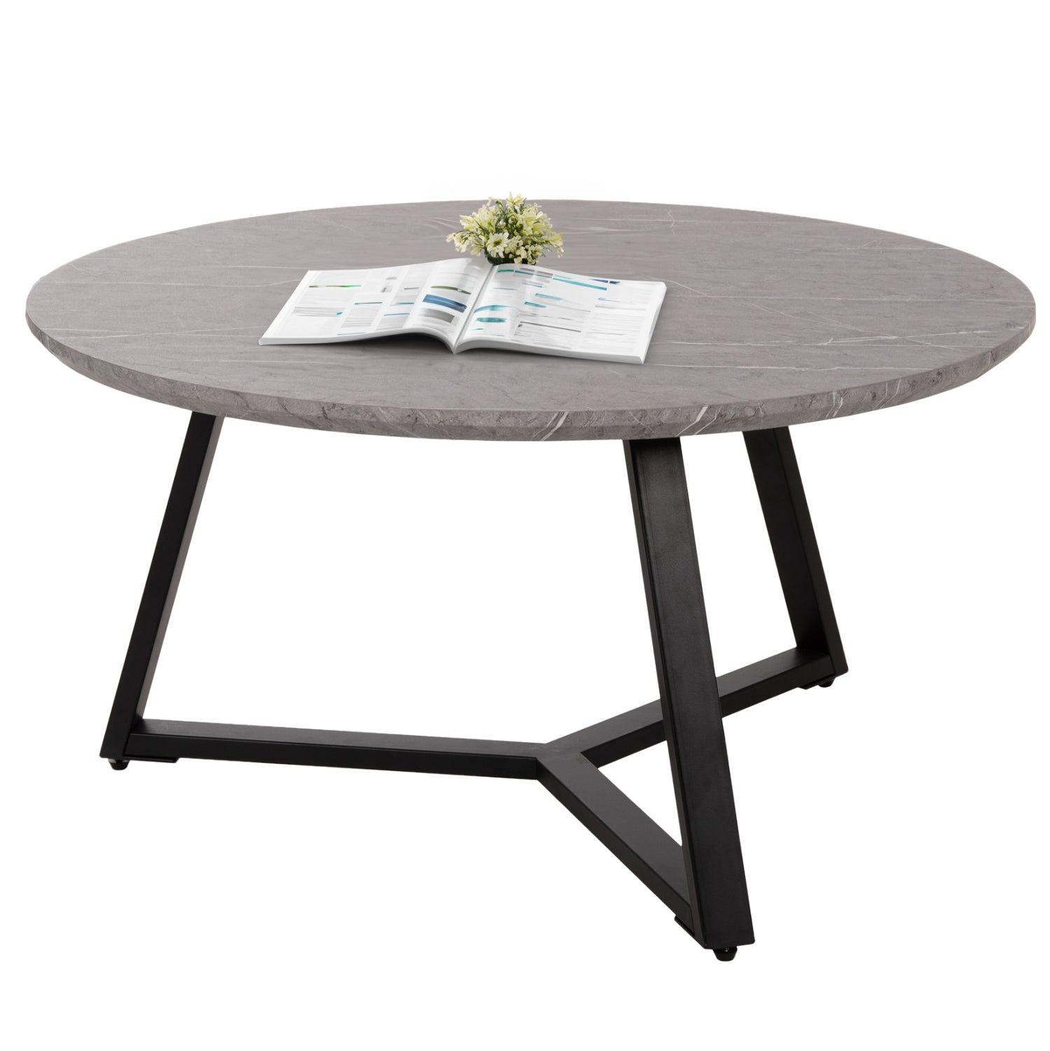 КРЪГЛА КАФЕ МАСА MDF СИВ МРАМОР-ЧЕРНА ТЕКСТУРИРАНА МЕТАЛНА ОСНОВА Φ80x42Hсм.