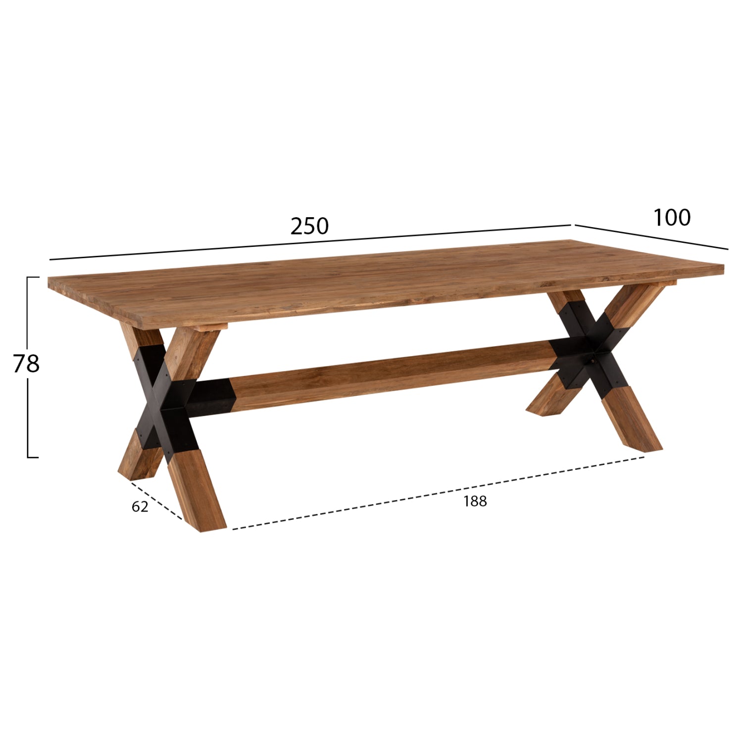 ТРАПЕЗНА МАСА KATTE ОТ МАСИВНО РЕЦИКЛИРАНО ТИКОВО ДЪРВО С МЕТАЛНИ КРАКА 250x100x78Hсм.