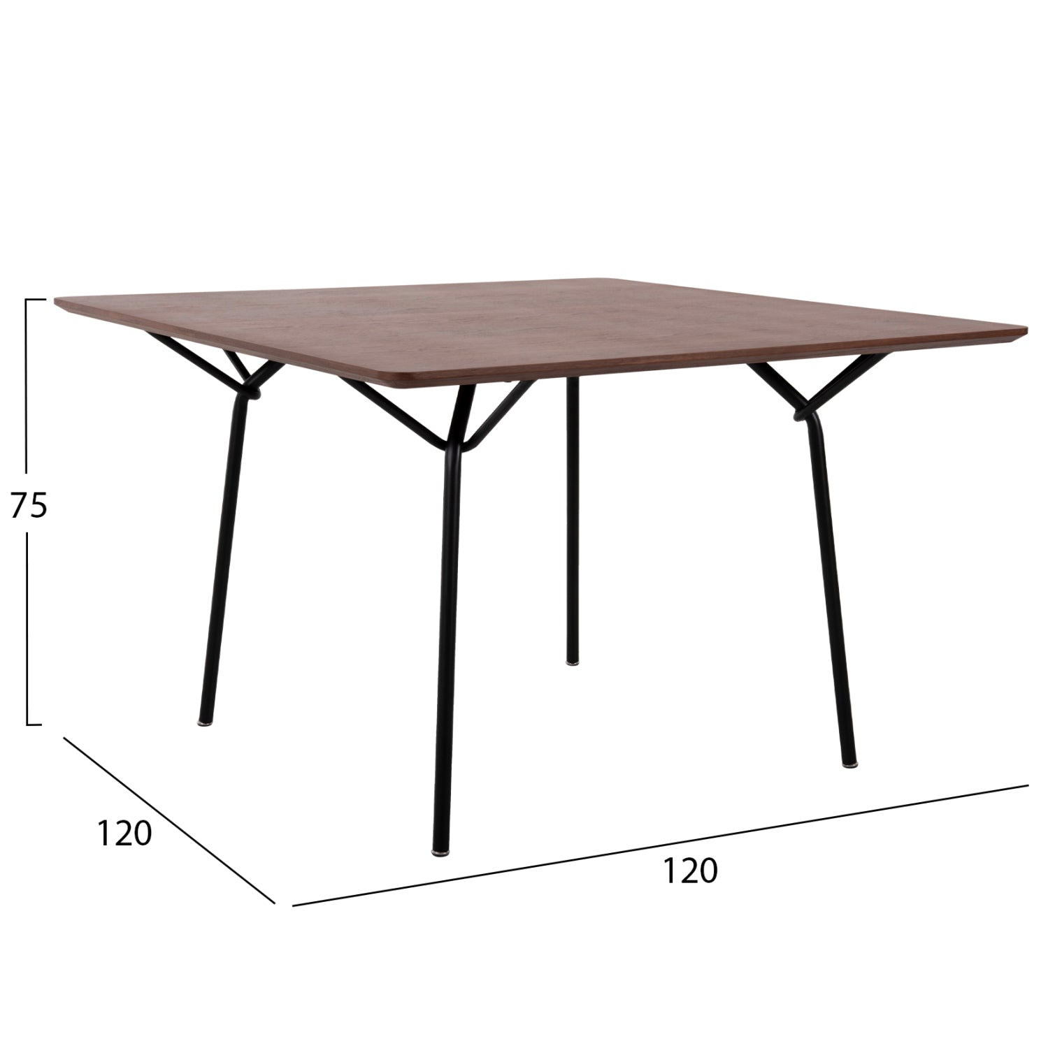 Трапезна маса квадратна TRENK MDF с дъбов фурнир орех - черни метални крака 120x120x75Hсм.