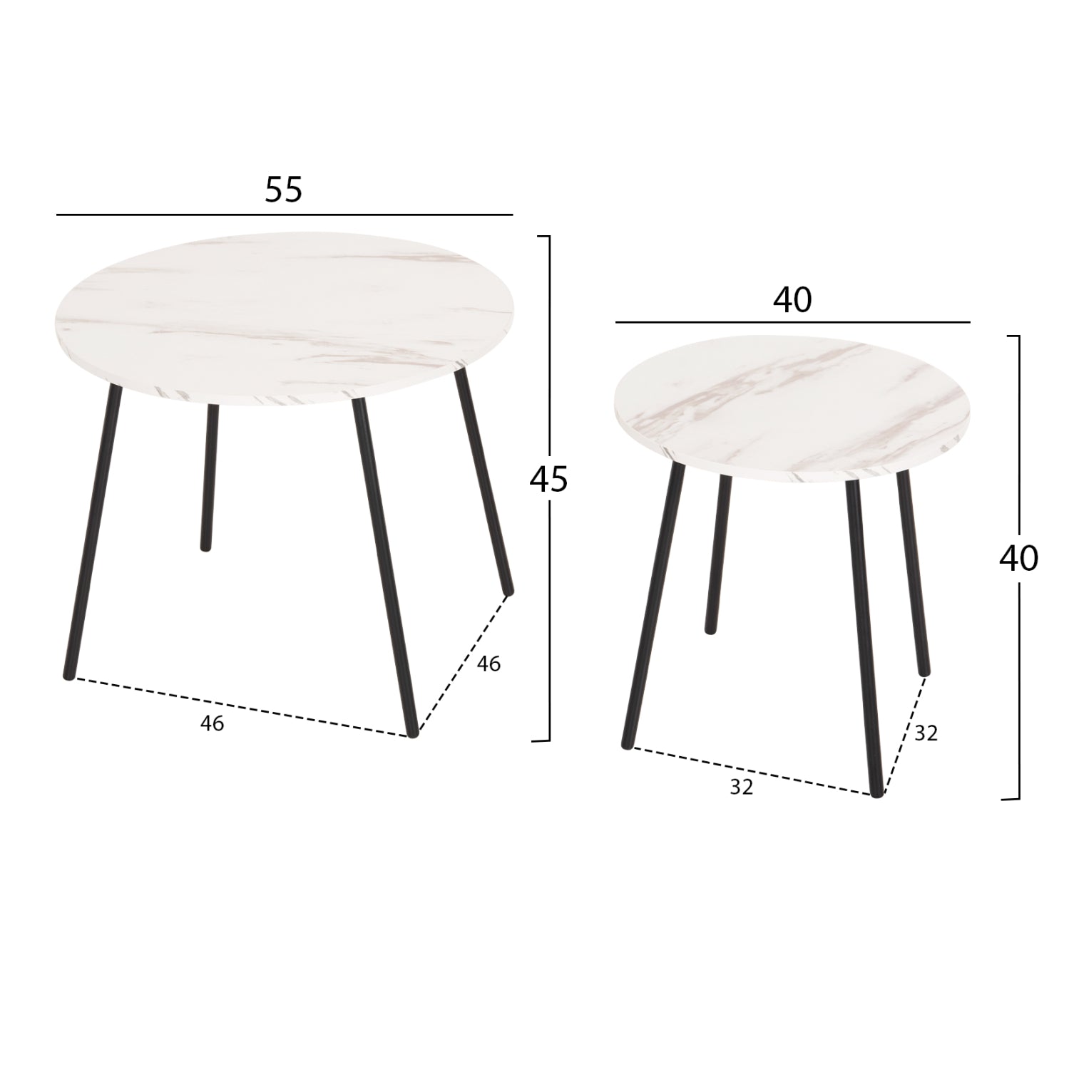 Кръгли маси за кафе 2 бр. CUPPER меламин в бял мрамор-черен метал Φ55x45Hcm.