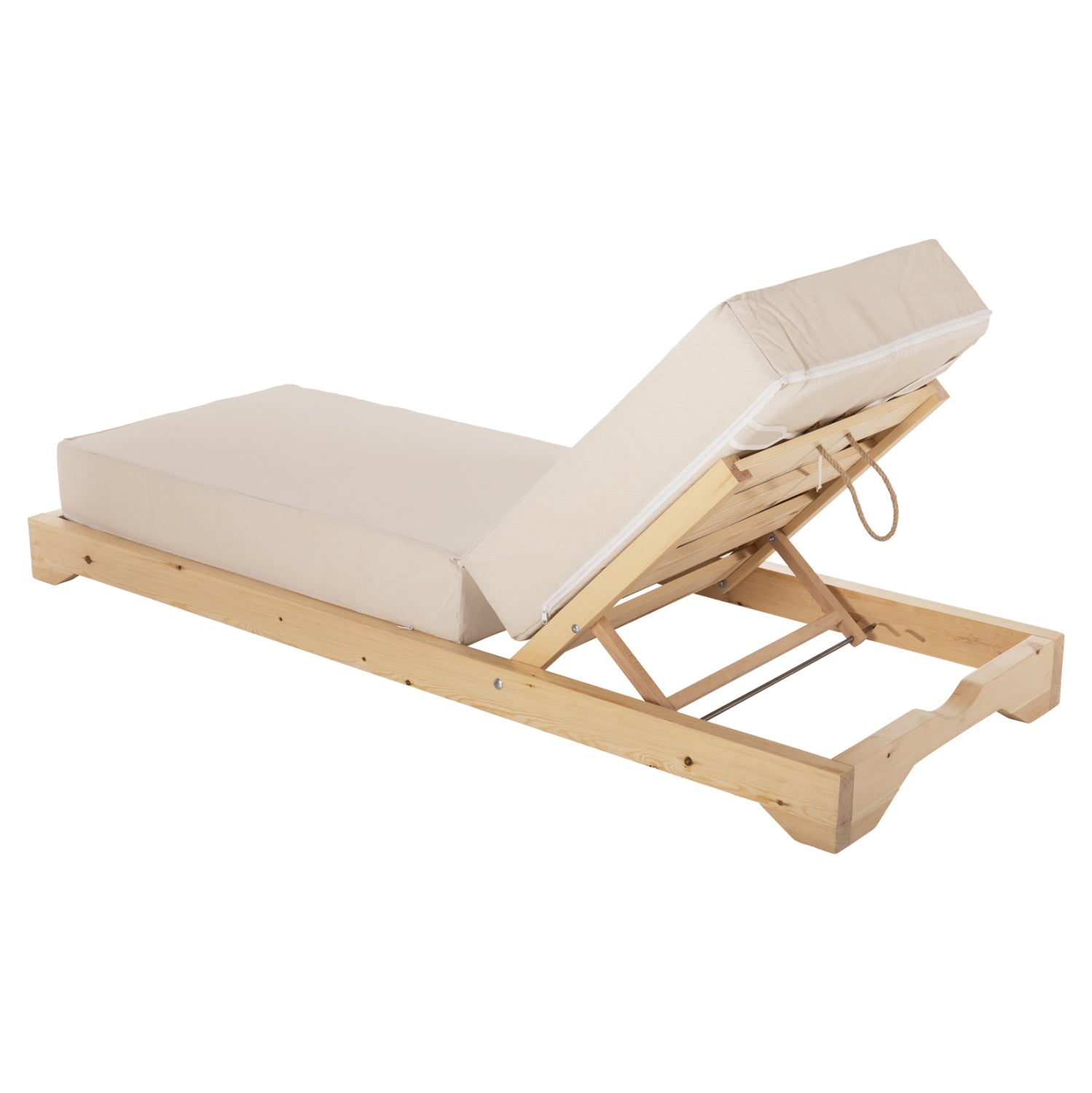 Плажен шезлонг нисък IKARIA борова дървесина в естествен цвят - бежов текстилен - възглавница 20см дебела
