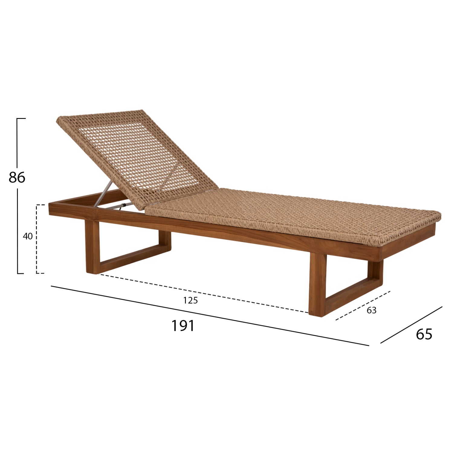 Шезлонг PATRON тиково дърво - виеро въжена ратан 191x65x86Hсм.